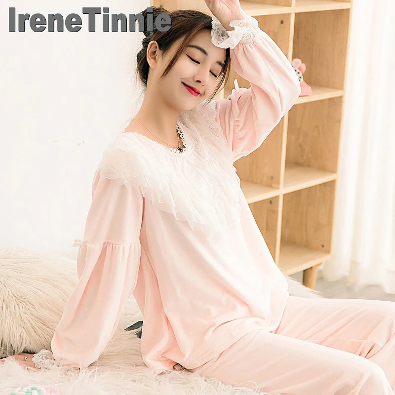 

IRENE TINNIE New Korean Style Winter Pajama Set Cute Sweet Solid Color Nightwear Fashion Thickened Flannel Long Sleeve Nightgown