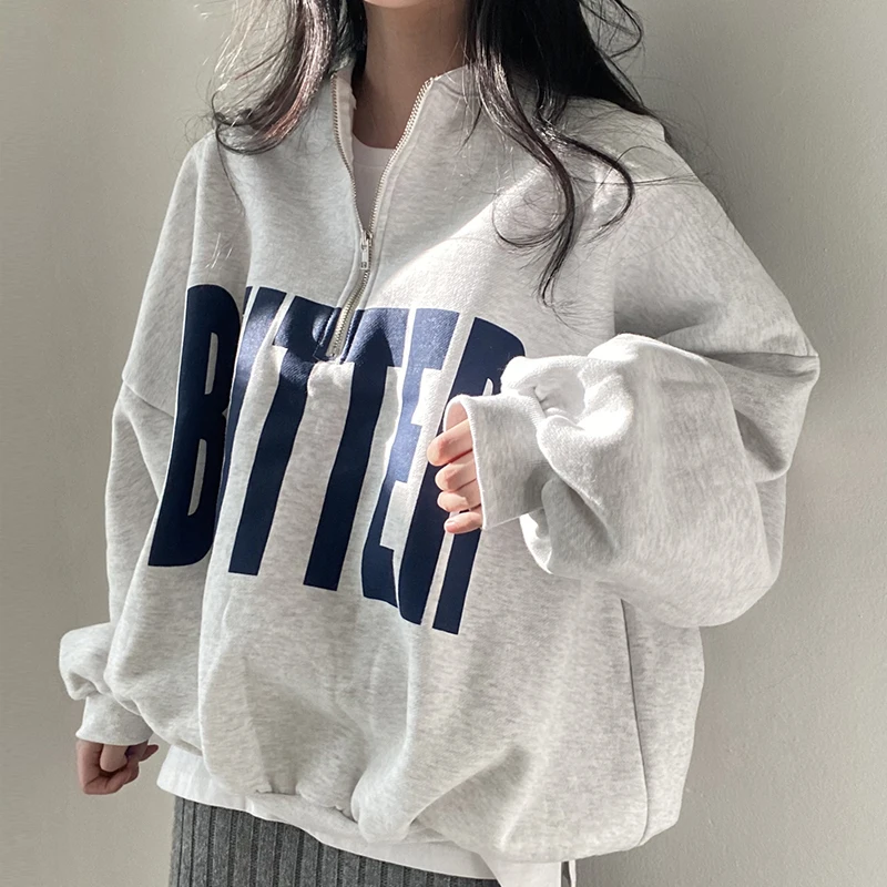 Chic Autumnal Loose Fit Long Sve Hoodie Damen Faion Color Blo Letter Print Design Vielseitiger Stehkragen Streetwear