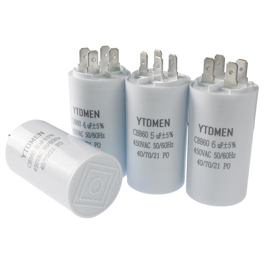 Cbb60 capacitor de partida de motor de inserção dupla de 4 pinos ac 450v capacitores de execução de motor de substituição 4uf-60uf para bomba de água de compressor de ar