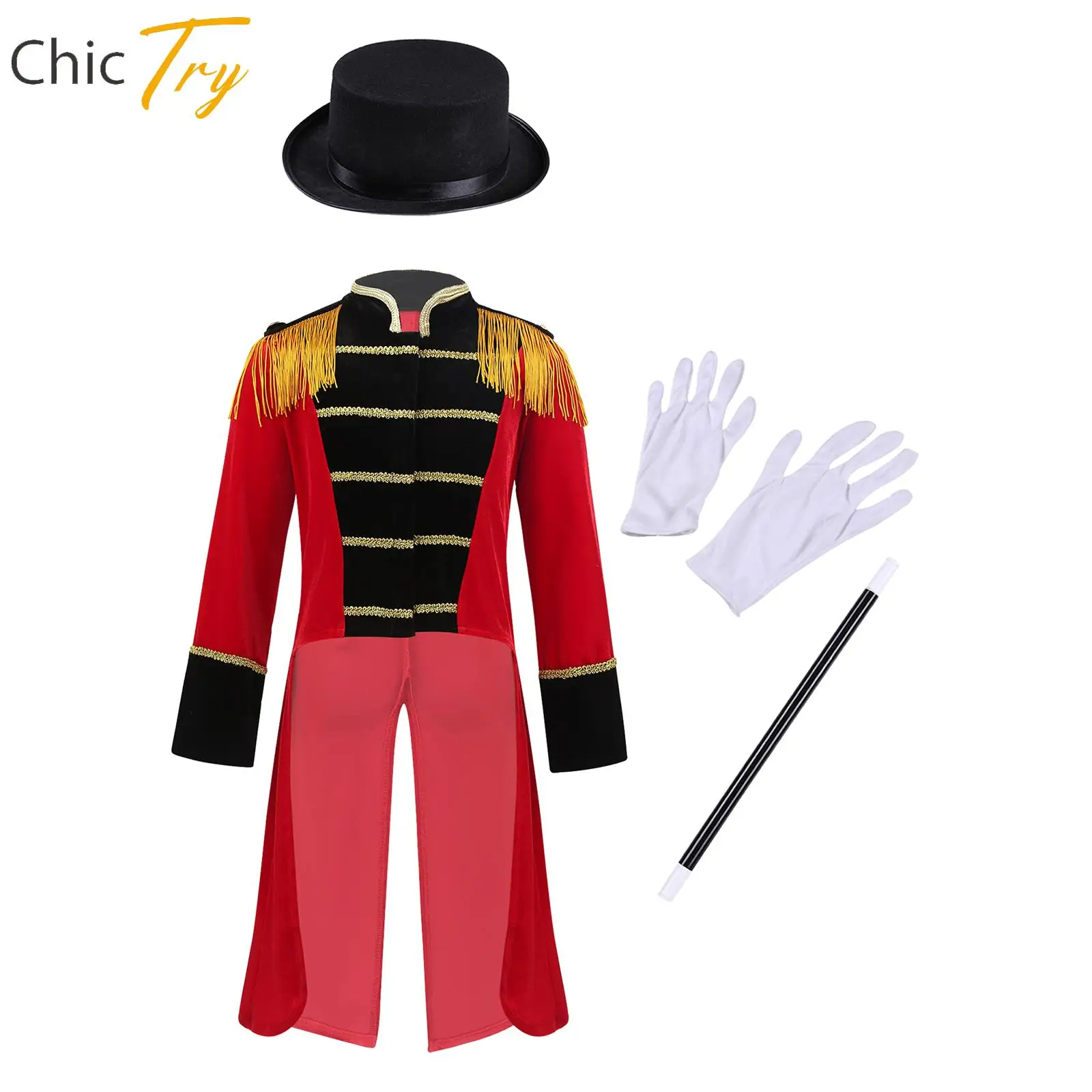 Children Boys Circus Cosplay Costume for Dress Up Performance Carnival Halloween Long Sleeve Tailcoat+Hat Magic Wand Gloves Set