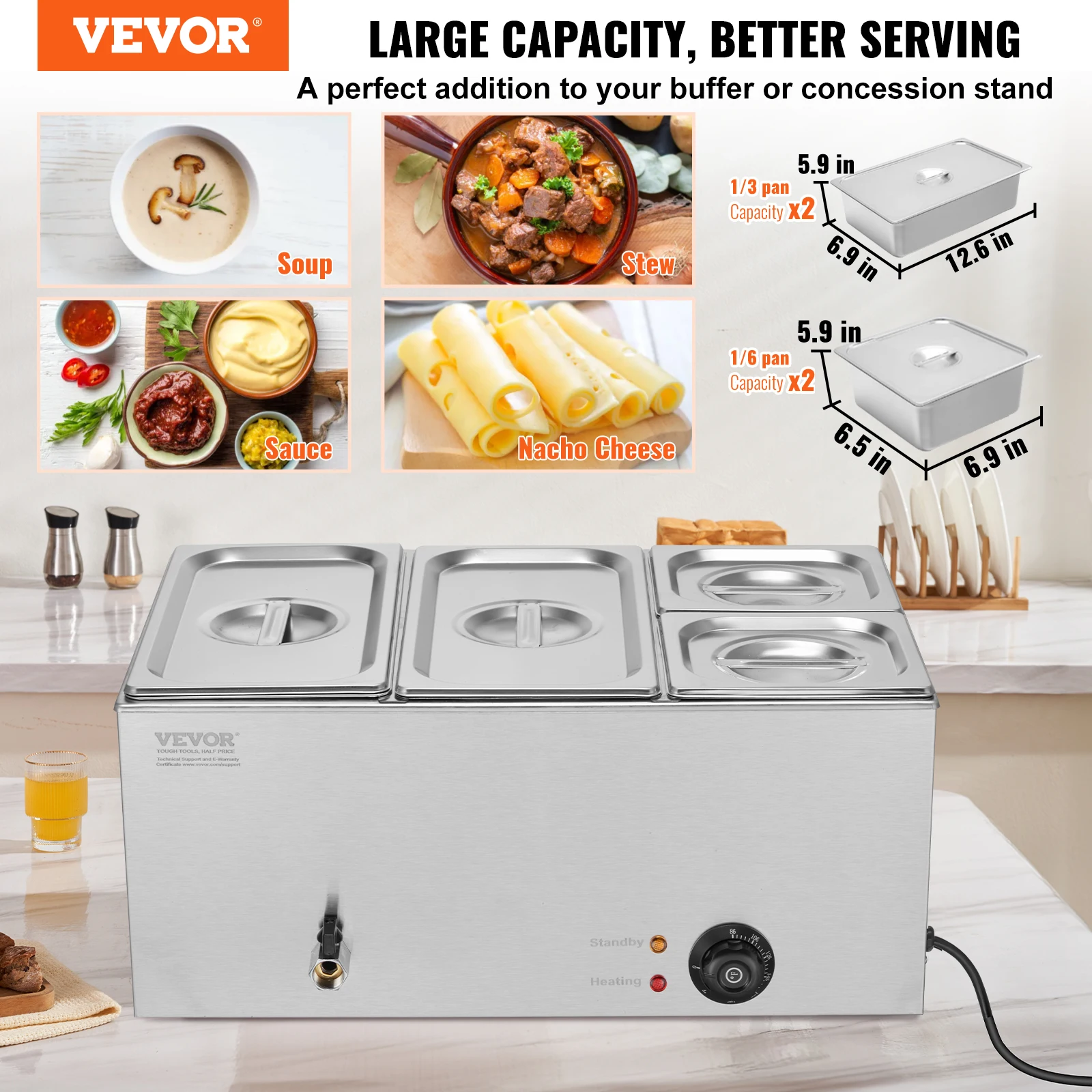 VEVOR 4-Pan Commercial Food Warmer, 16.4QT Electric Steam Table, 1200W Professional Countertop Stainless Steel Buffet Bain Marie