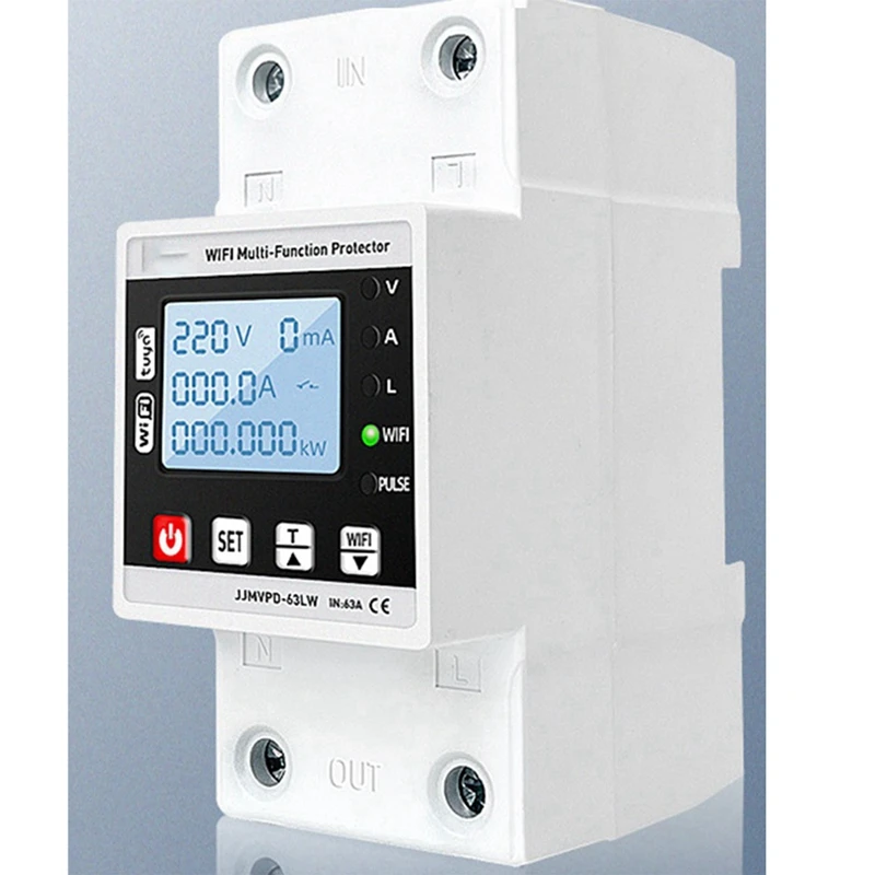 Interruptor de circuito inteligente con Wifi, dispositivo de protección contra fugas de tierra, bajo voltaje, temporizador, energía, Kwh, 2x63A, TUYA