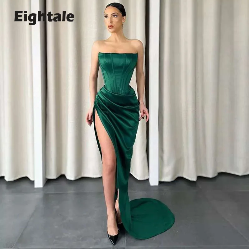 

Eightale Emerald Green Evening Dresses Strapless Satin Mermaid Arabic Prom Gown 2022 High Side Split Party Dress 2022