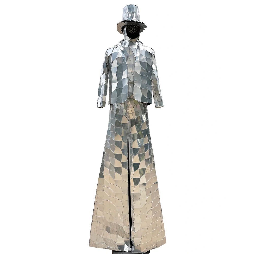 

Hand Sewn Stilts Walker Silver Mirror Man Show Gold Suit Stage Dress Performance Glass Mask Costume Glass Cosplay Clothing