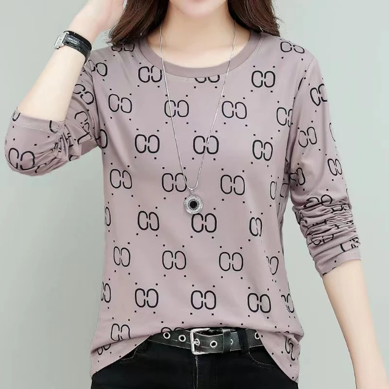 

Spring Autumn Pullover Round Neck Geometric Printing Long Sleeve Contrast Color All-match Women's Clothing Undershirt Tops