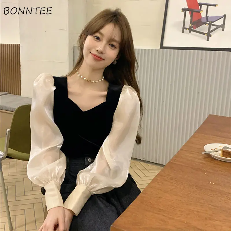 Blouses Women Patchwork Slim Puff Sleeve V-neck Design Elegant Gentle Sweet All-match Casual Cozy Chic Fashion Retro Ulzzang Ins