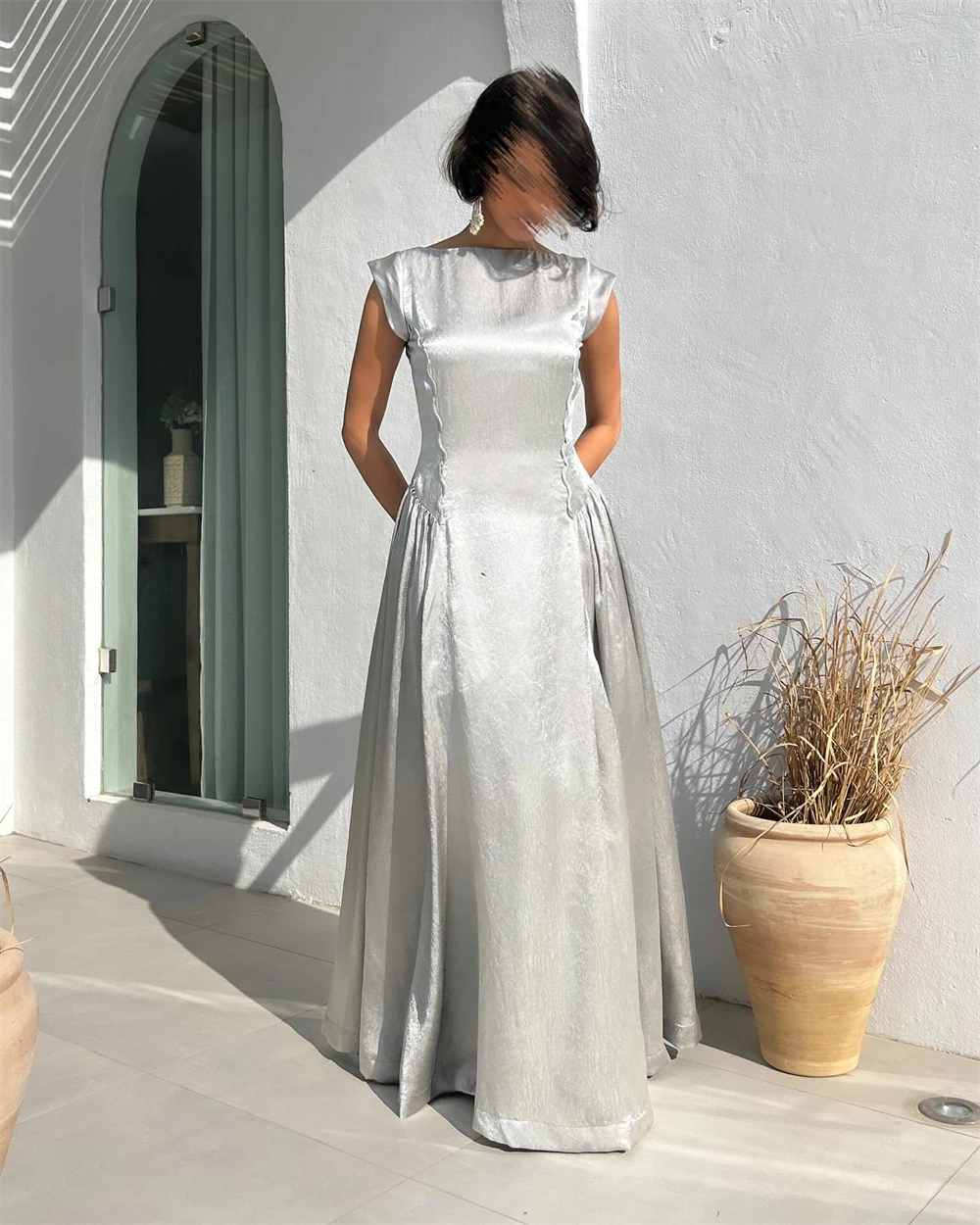 Customized Elegant Velour Draped Evening Dress Modern Girdling Ruched Crew Neck Sleeveless Sweep Train Special Occasio