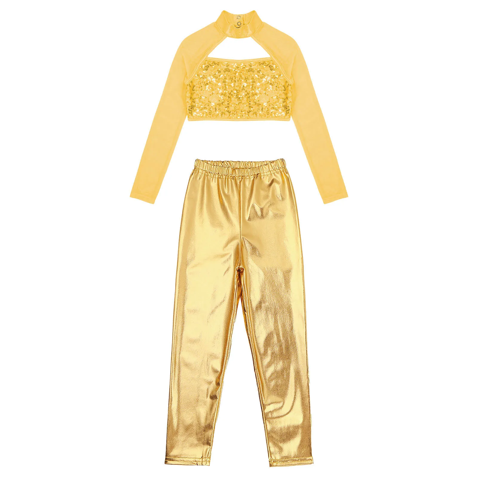 Kids Meisjes Jazz Hip Hop Dans Kostuum Shiny Sequin Lange Mouwen Hollow Out Crop Top + Metallic Leggings Broek Voor danswedstrijd