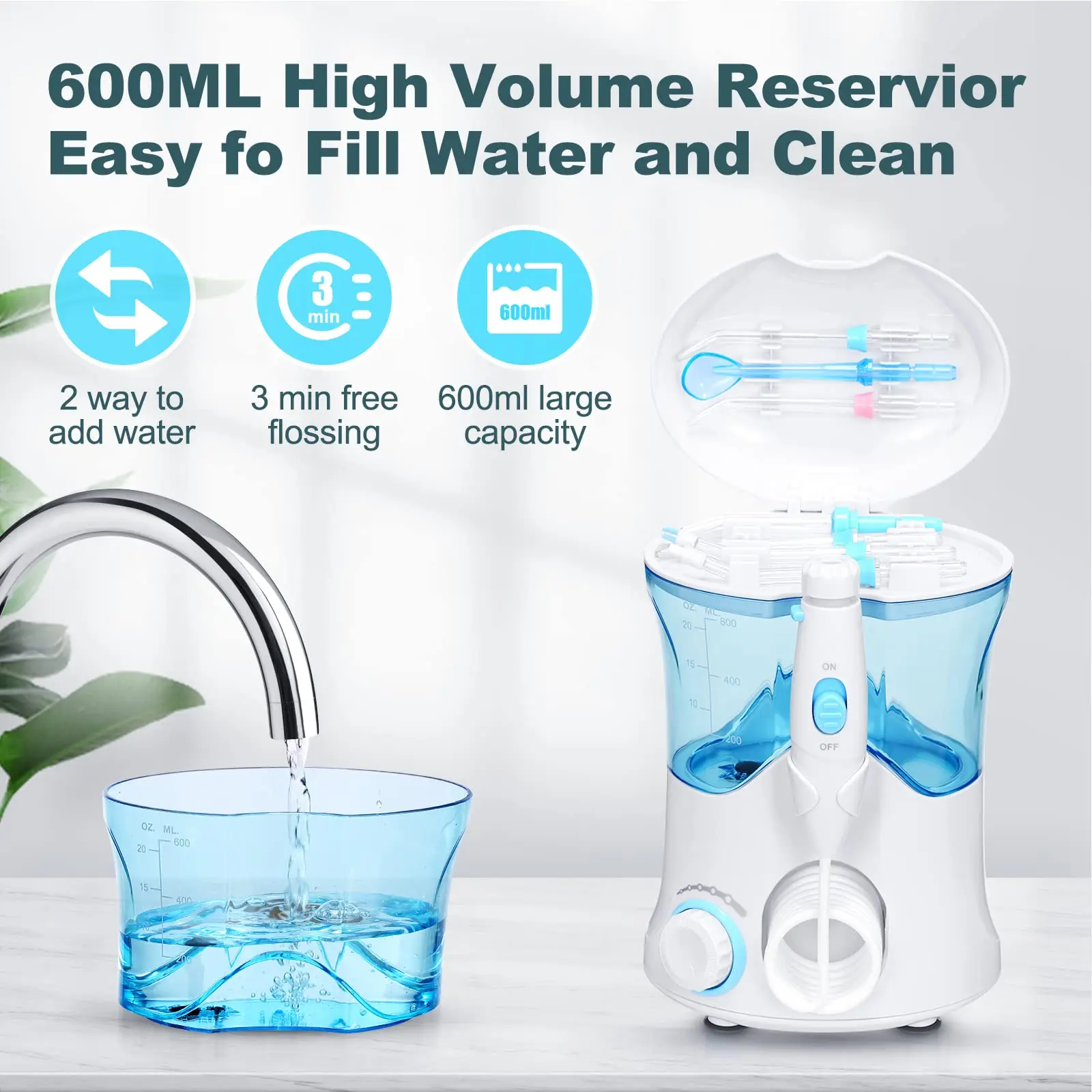 Water Flossers for Teeth 600ML Oral Irrigator Rechargeable Portable Dental 3 Modes Water Tank Waterproof Teeth Cleaner