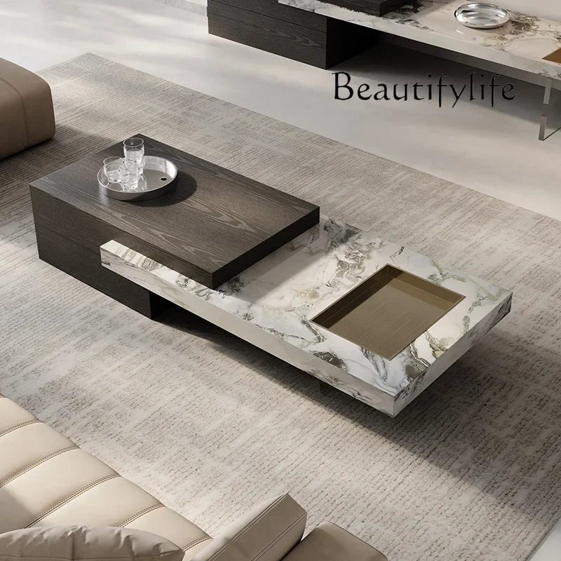 

Simple Retro Stone Plate Living Room Home High-End Coffee Table Small Apartment Solid Wood Coffee Table Minimalist Table
