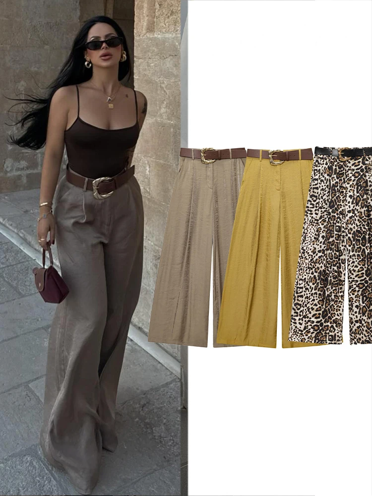 

HH Woman Fashion Side Pocket Zipper Casual Wide Leg Long Pants Female Elegant Belt Wrinkles Decorate 4-Color Loose Long Pant