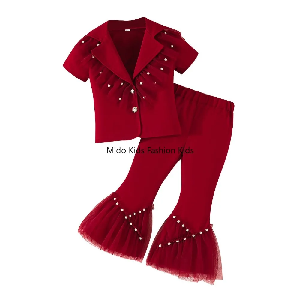 2026 Girls Solid Suit Set Short Sleeve Beaded Jacket High Waist Tulle Bell Bottom Pants 2-8Y