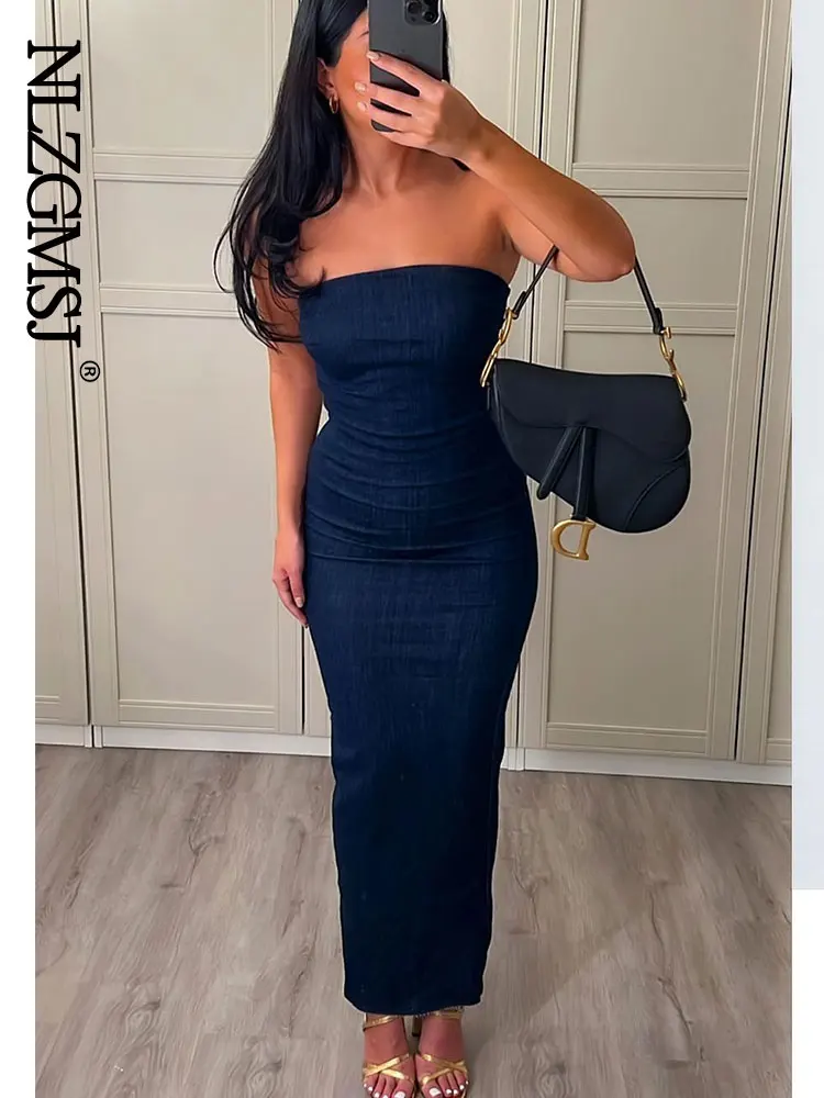 Nlzgmsj TRAF Sexy Strapless Backless Zipper Split Dress Party Blue Denim Female Long Dress for Women Clothes Evening Dresses