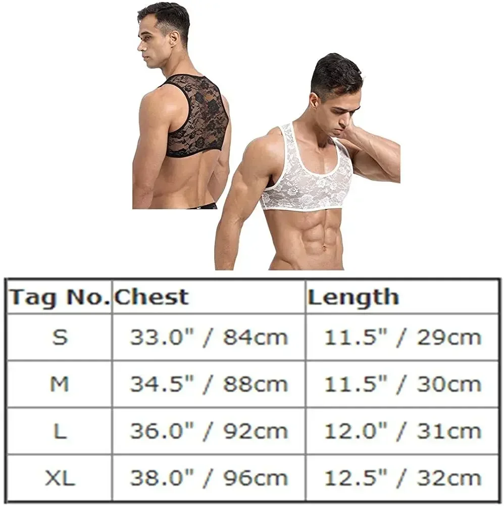 

Fashionable Floral Lace Men Crop Top Sleeveless Underwear Sexy Ultra-thin Transparent Gay Vest Mesh Breathable Erotic Short Vest