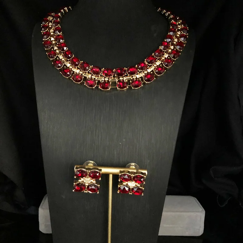 2‑Pcs Jewelry Set Necklace Earrings Round Cut CZ Crystal Statement Collar Neck Ear Jewelry for Women Wedding Banquet