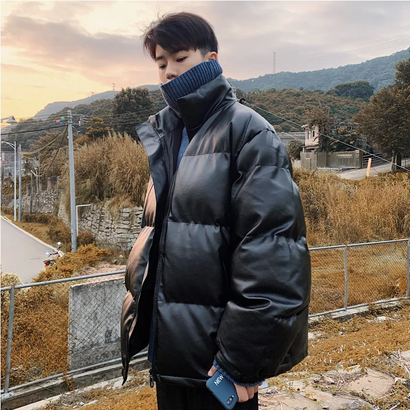 Men's down Cotton Jacket Stand Collar Winter Coat Thickened Short Bread Style Korean Fashion Loose Cotton PU Leather Jacket