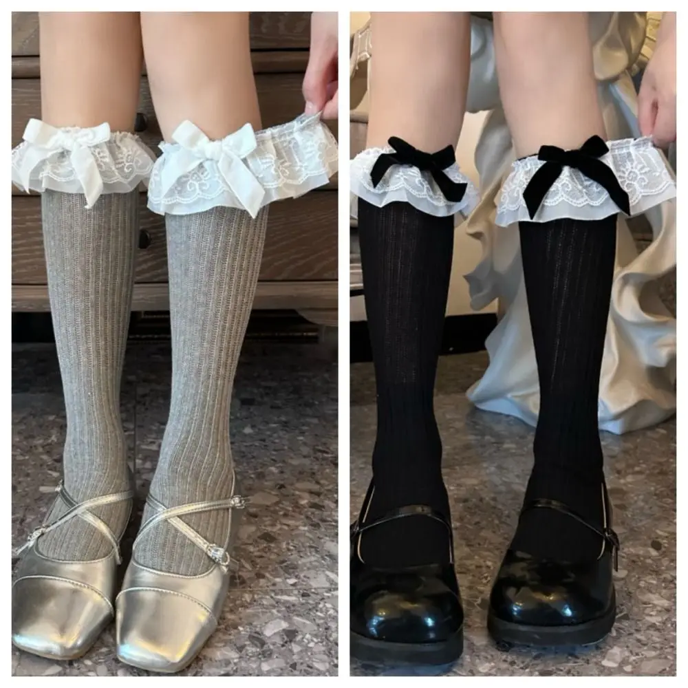 

Sweet Loose Lace Ruffle Socks Patchwork Bowknot Knitted Mid Calf Socks Lolita JK Women Stockings Women