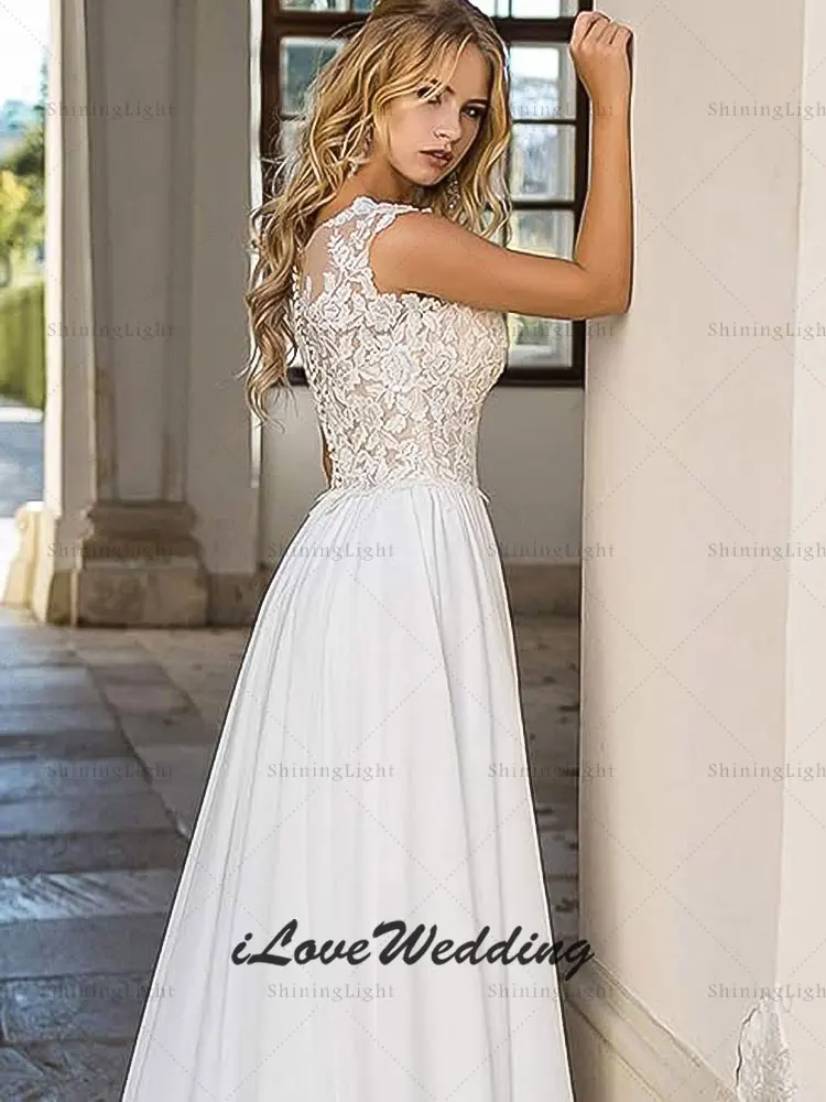 ShiningLight Ivory Chiffon A-Line Wedding Dresses V-Neck Sleeveless Sexy Slit Boho Lace Bridal Party Gowns Plus Size Customized