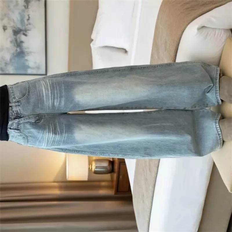 

Autumn Women Thicken Casual Cowboy Trousers American Ladies High Waist Straight Leg Jeans Winter Femme Wide-leg Denim Pantalons