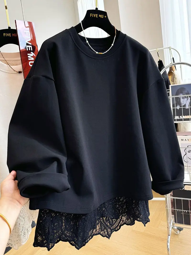 New Style Lace Splicing Fake Two-piece Pullover O Neck Sweatshirt For Women Spring Autumn Loose Top Fashion Casual Solid Hoodie