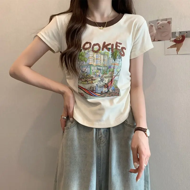 Women Summer Korean Simplicity Loose Printing Letter Letter Pink Cotton O-neck Soft Short Sleeve Women Clothes Tee Shirt Top Tee