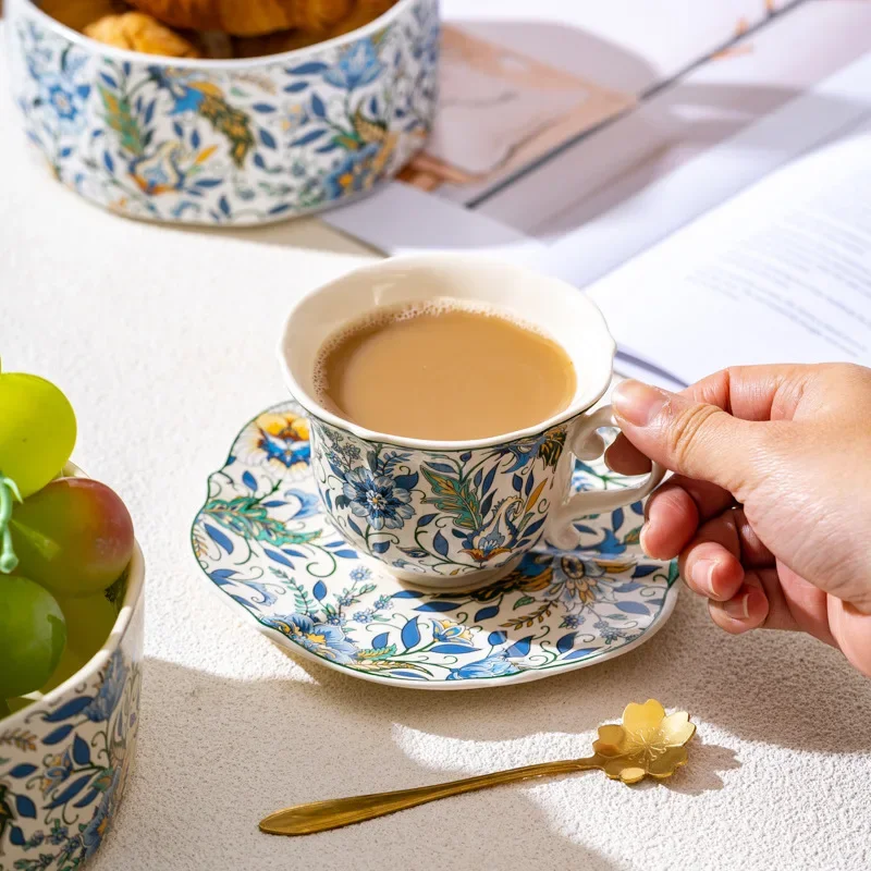 Retro Blue Iris Ceramic Coffee Cup and Saucer Set Bone China Tea Cup with Spoon Gift Box for Home Office Afternoon Tea
