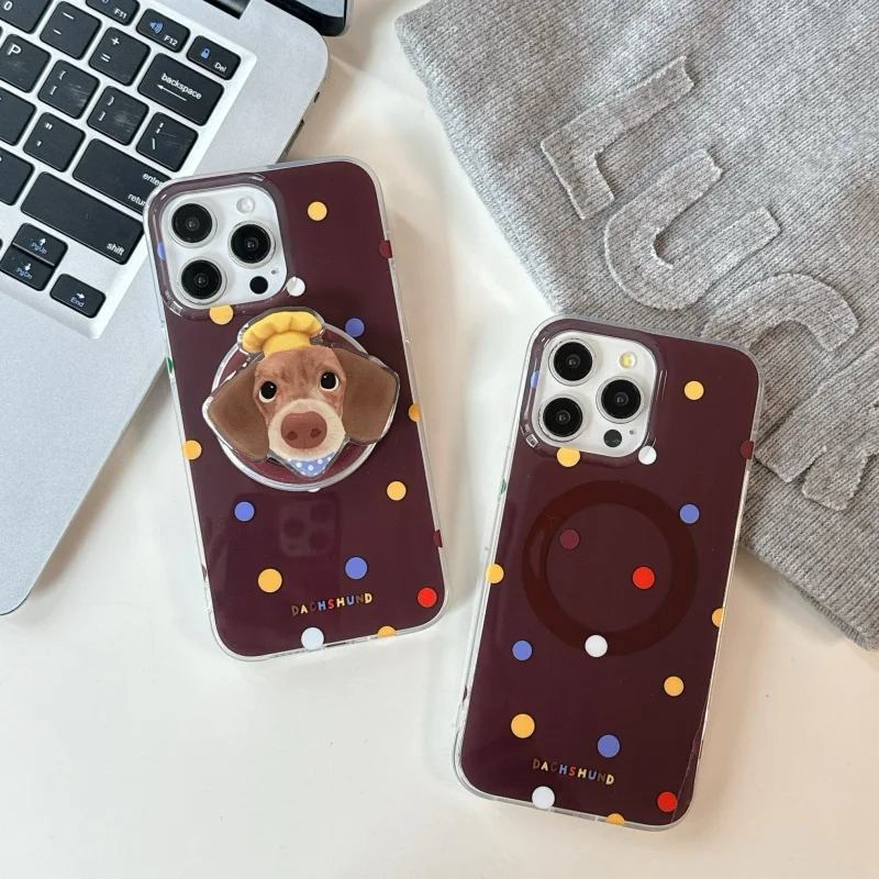 

Color Polka Dot Magnetic Phone Case For iPhone 17 Pro 16 15 14 Pro Max Cover with Dog Stand For Magsafe Cases Cute Cartoon Funda