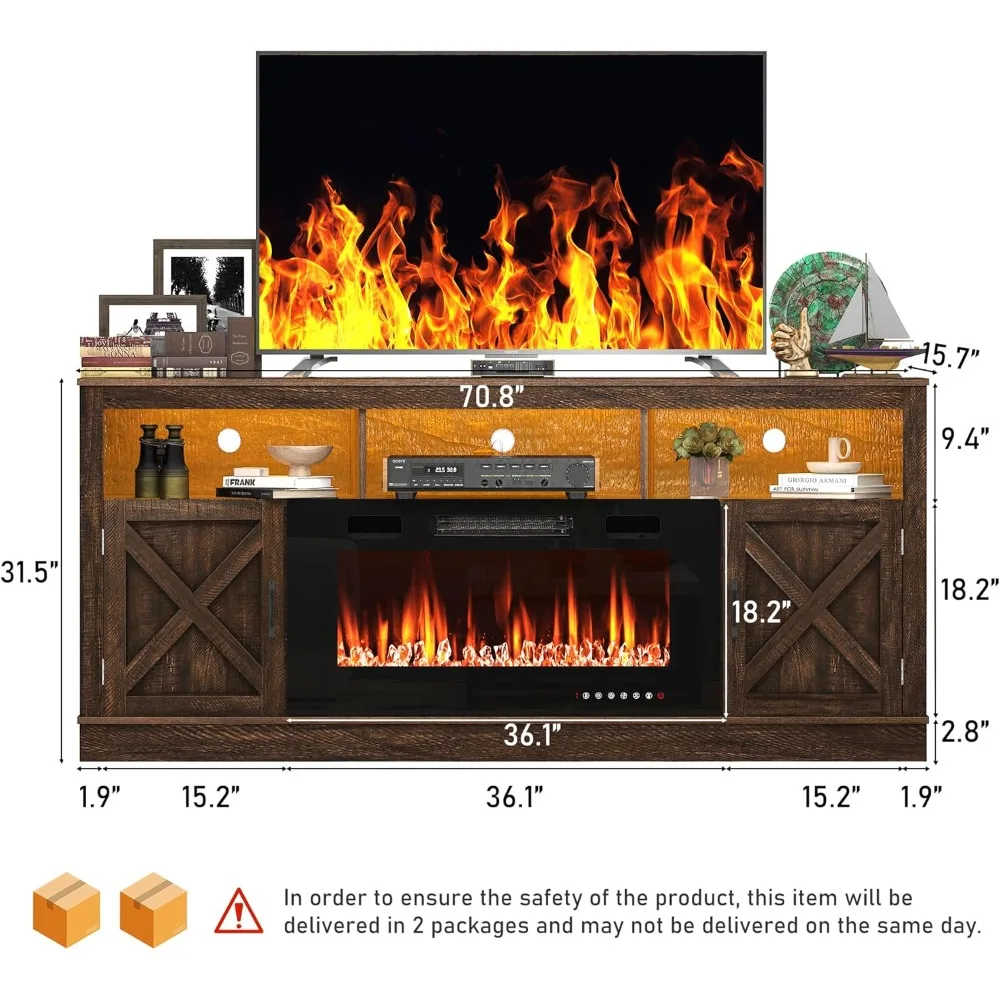 Centro de entretenimiento con chimenea eléctrica para TV de 70 a 80 pulgadas, 32 altos, chimenea de 36 LED, consola multimedia
