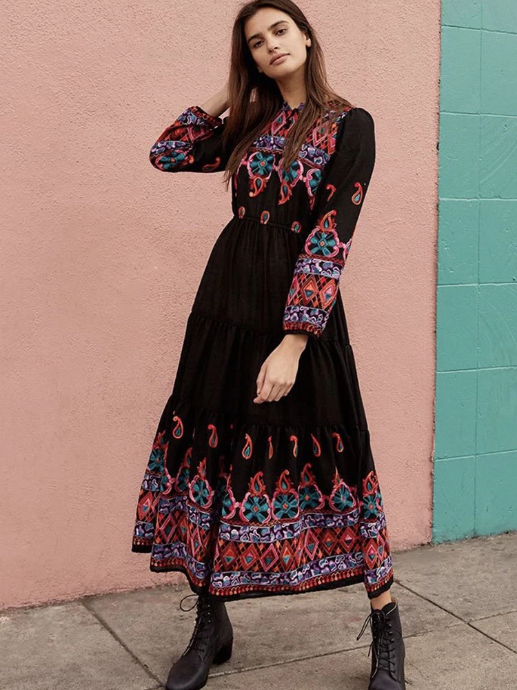 KHALEE YOSE Boho Floral Embroidery Maxi Dresse Cotton Black Long Sleeve Dress Vocation Hippie Vintage Chic Beach Ladies Dress