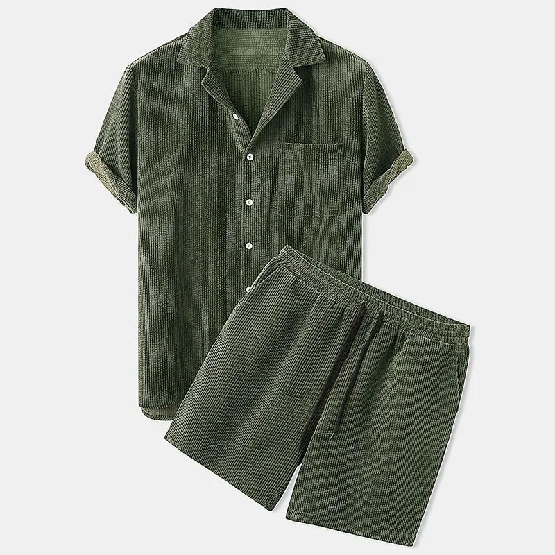 

New Men's Summer Corduroy Shirt and Shorts Set Solid Color Casual Wear Summer Street Wear Two-piece Suit