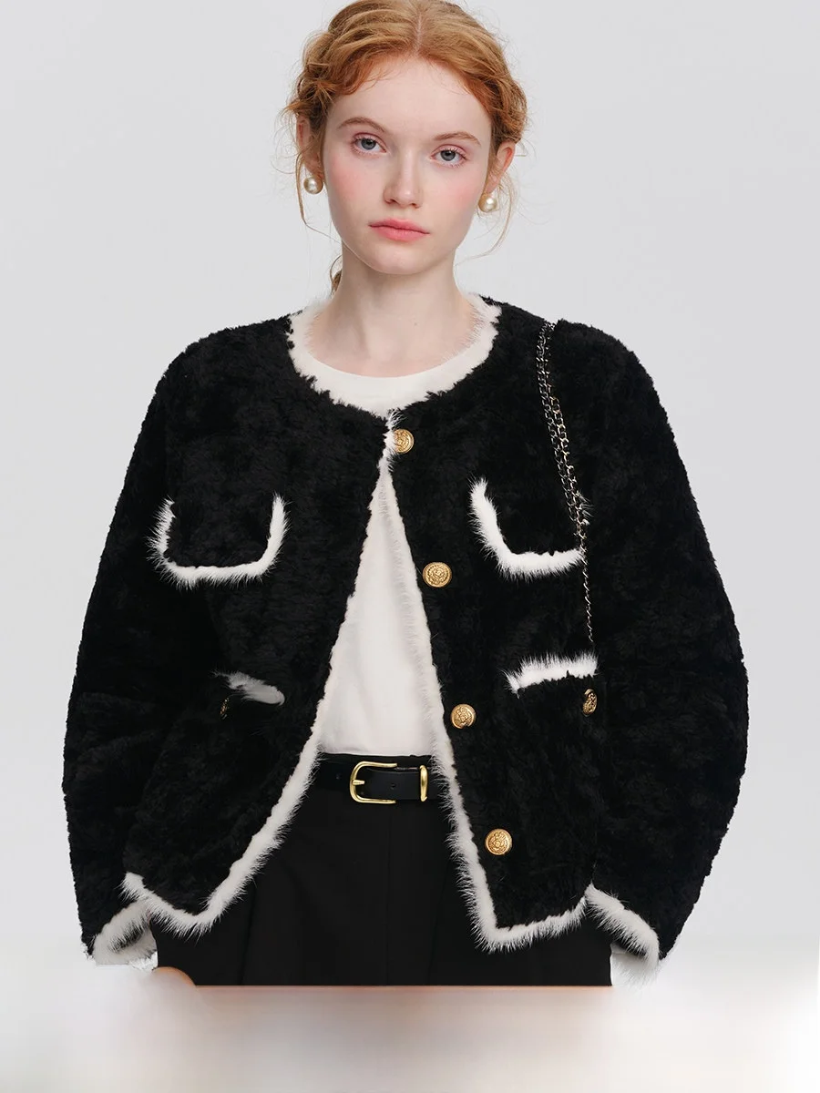 

plus Bla Lamb Fur Jaet Women's ort Sle Real Mink Trim Straight Cut Commute Faion round Ne Button up Coat