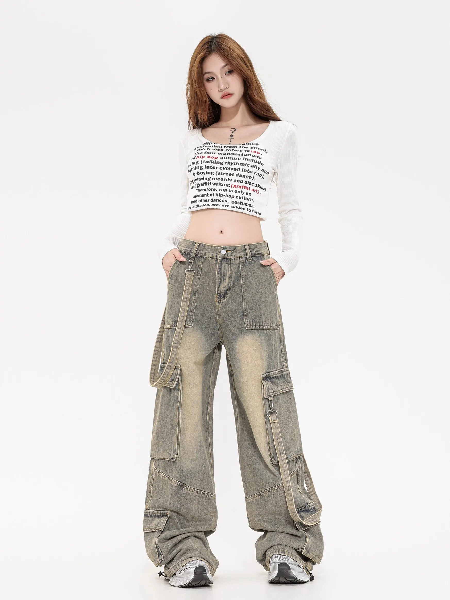 American Cargo Jeans Fashion Multi-pocket Design Sense of High Street Jeans Women Wide Legs Loose Niche Washed To Do Old Pants