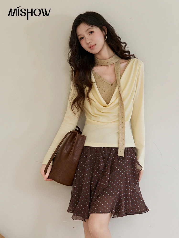 MISHOW Women's Wool Blend Fake Two Piece Draped Neck Knit Top 2026 Spring Wave Point Ribbon Contrast Color Casual Top MXF13Z2977