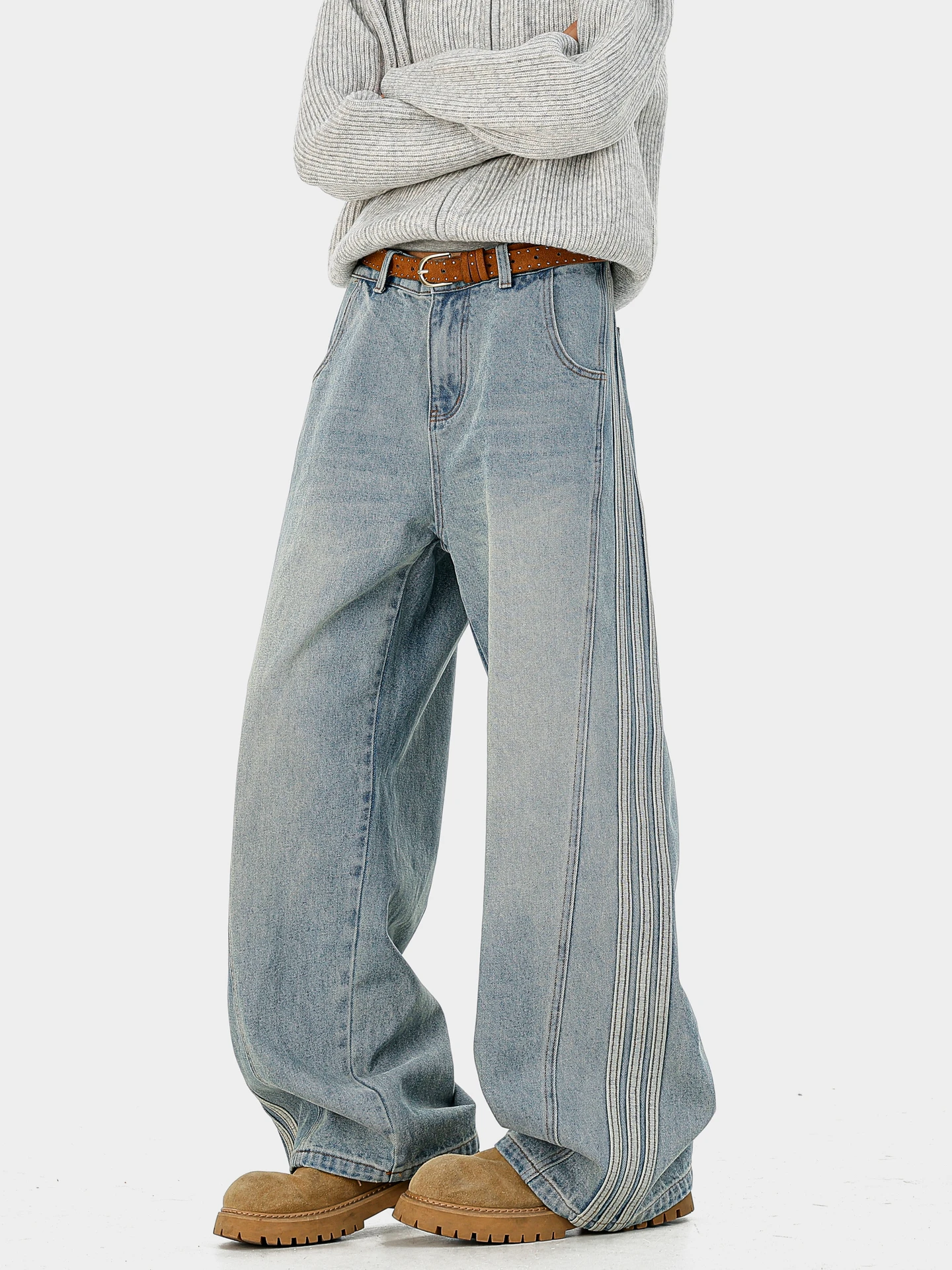 

Wukong Has Sto Trendy American Stripe Waed Knife Men's Retro Loose Wide Leg Jeans Casual Wear Spring Season