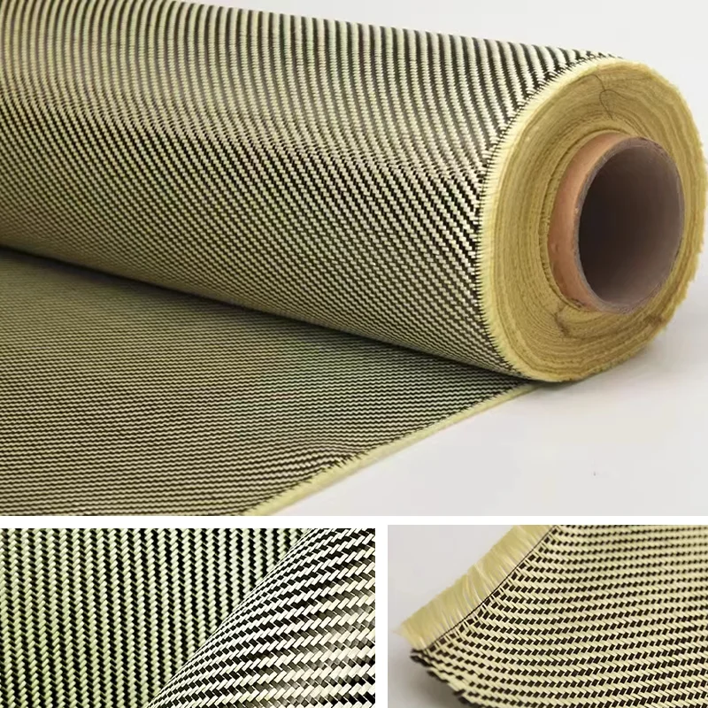 3K 200gsm1100D Real Carbon Fiber Kevlar Black & Yellow Mixed Fabric 2x2 W Twill Carbon Kevlar Cloth Aramid Fiber 40'/ Width