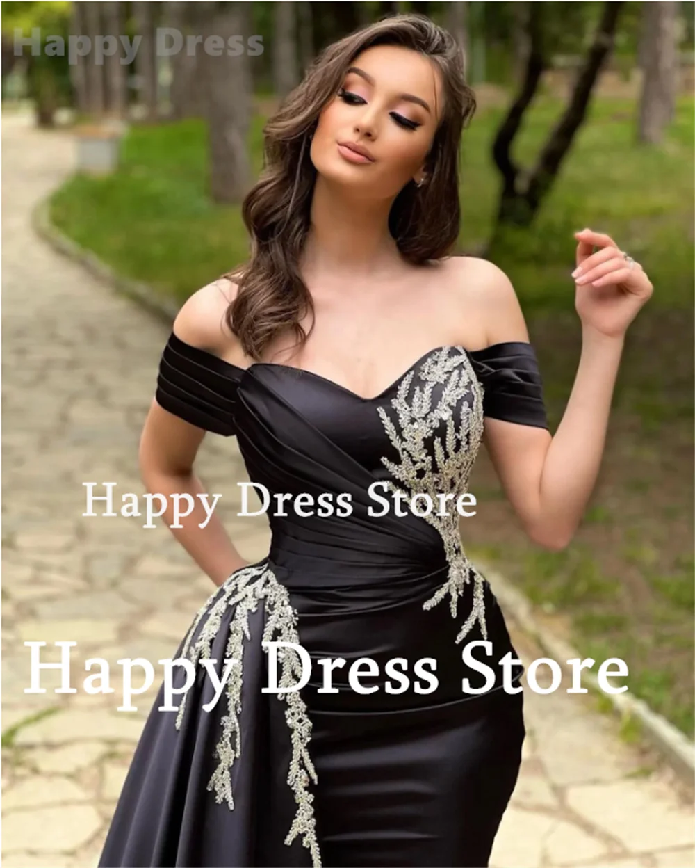 Happy Dress Special Occasion Dress For Women Off-Shoulder Black Formal Evening Dress Appliques Mermaid Satin Prom Party Dress