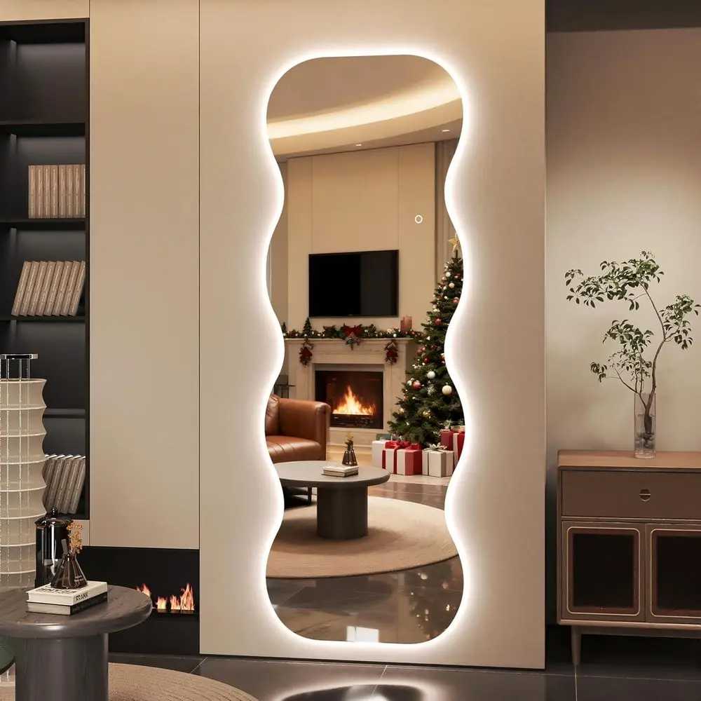LED Illuminated Wavy Floor Mirror, 71x24, Adjustable Brightness, Versatile for Home Use