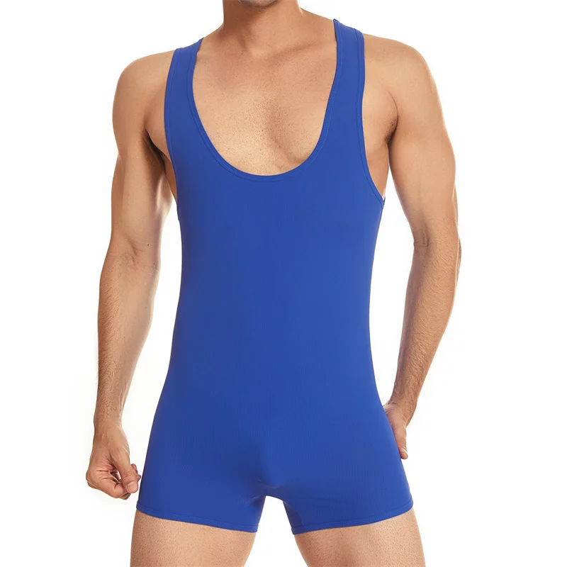 Men Undershirts Bodysuit Tight-fitting High-elastic Sports Wrestling Jumpsuits Gymnastics Nylon Deep Round Neck Undershirts