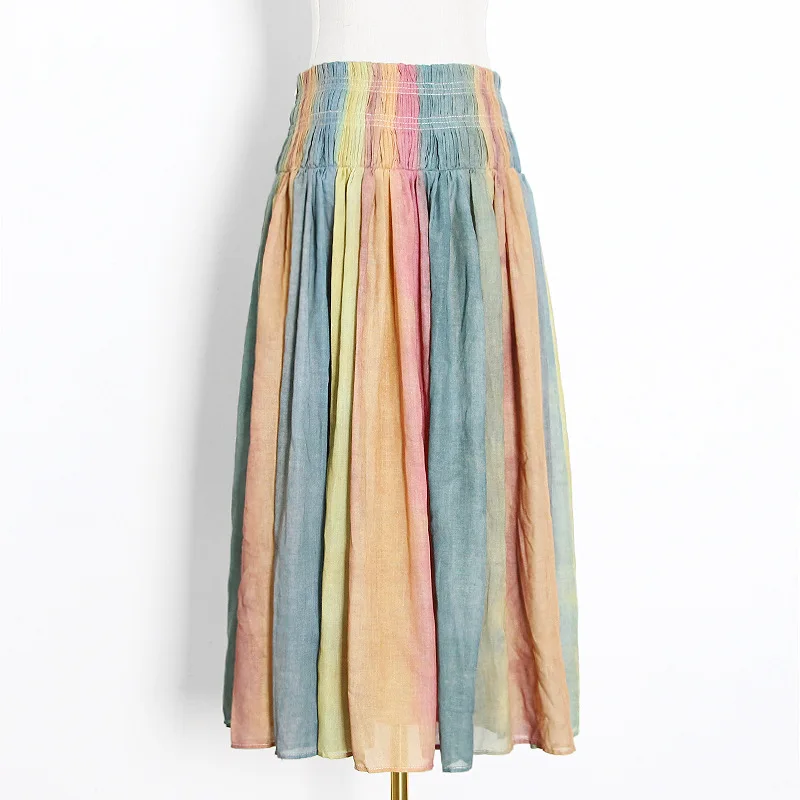 Retro Style Pleated Skirt Spring New Stitching Contrast Color Pleated All-match Skirt with Irregular Elastic Waist