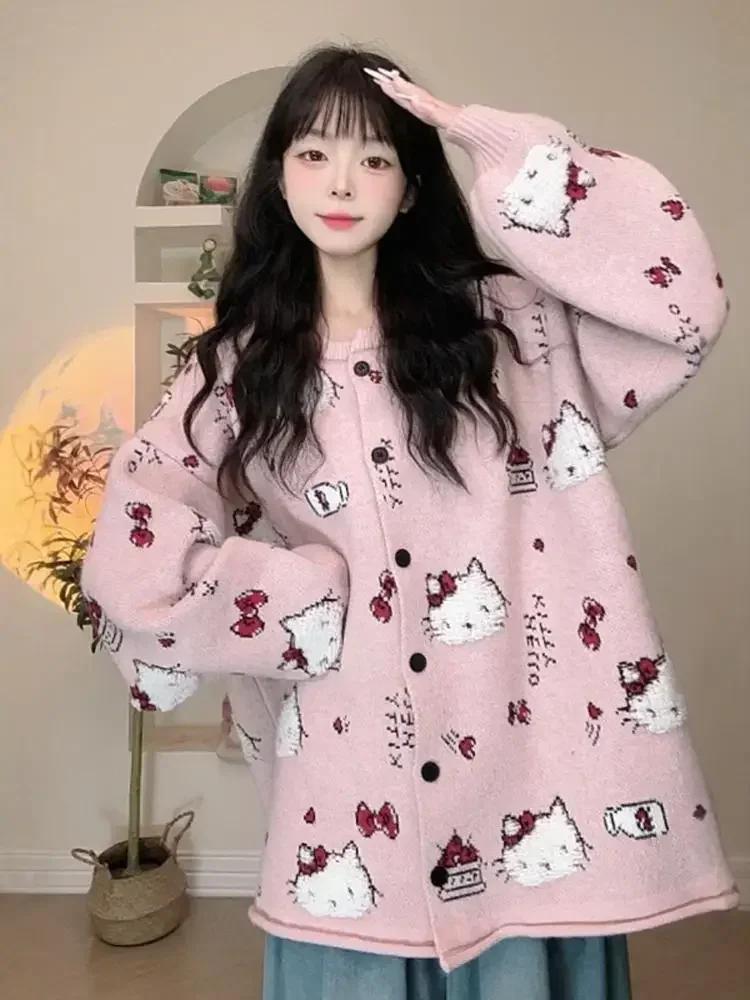 Sanrio Hello Kitty trui Girly Heart Anime gebreid vest met ronde hals en lange mouwen Herfst en winter Veelzijdig vrijetijdsjack