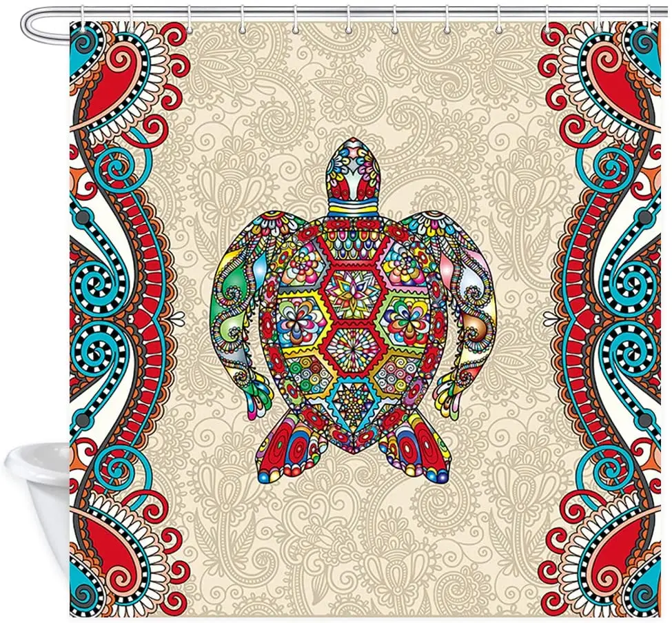 

Nautical Turtle Shower Curtain Watercolor Sea Turtle Bohemian Retro Flower Pattern Polyester Fabric Bath Curtains Set with Hooks