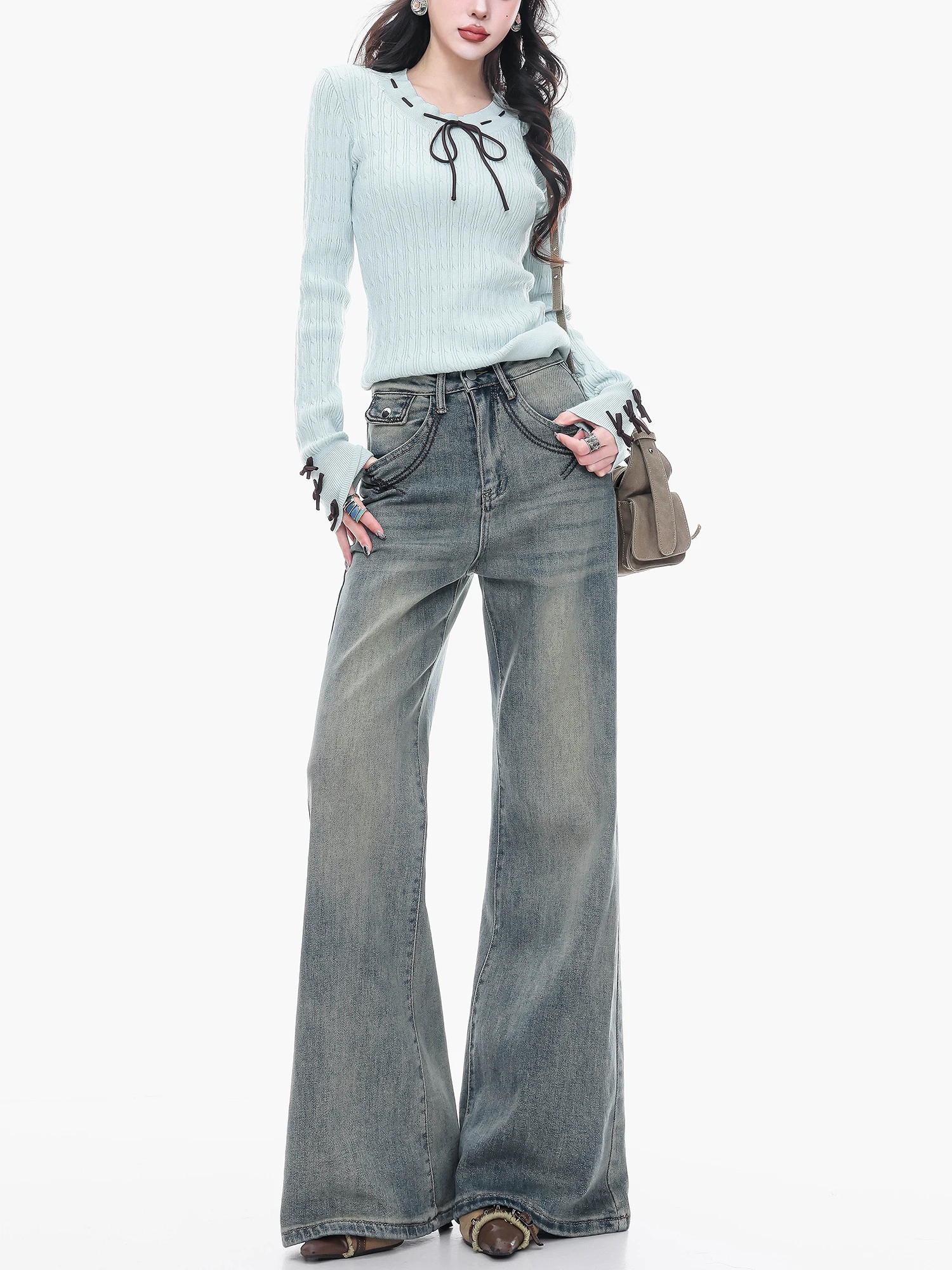 

ABWLR Original Retro Waed Bell Bot Jeans Women's Loose Slimming Wide Leg Pants Spring Autumn l Waist Button Closure