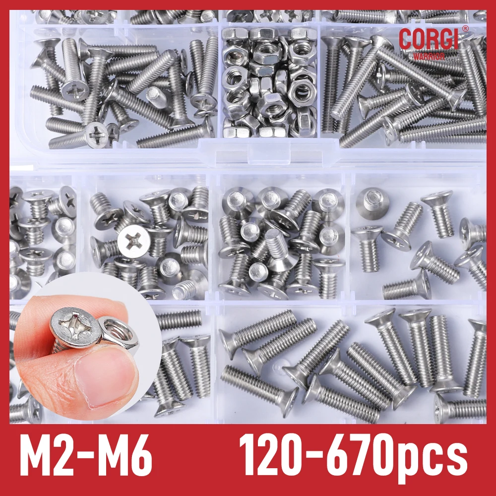 670/120 Pcs Flat Head Phillips Drive Screws Assortment Kit M2 M2.5 M3 M4 M5 M6 Stainless Countersunk Machine Screw Hex Nuts Case