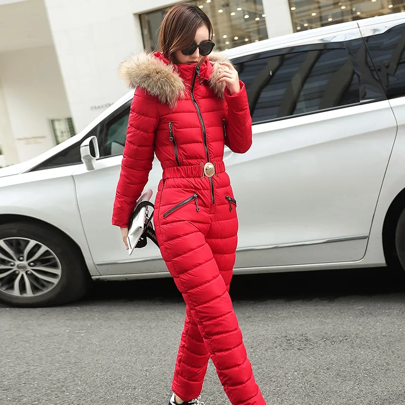 2026 One Piece Ski Suit Women Jackets Winter Hooded Parka Jumpsuit Women Cotton Bodysuit Sashes Jumpsuits Overalls Tracksuits