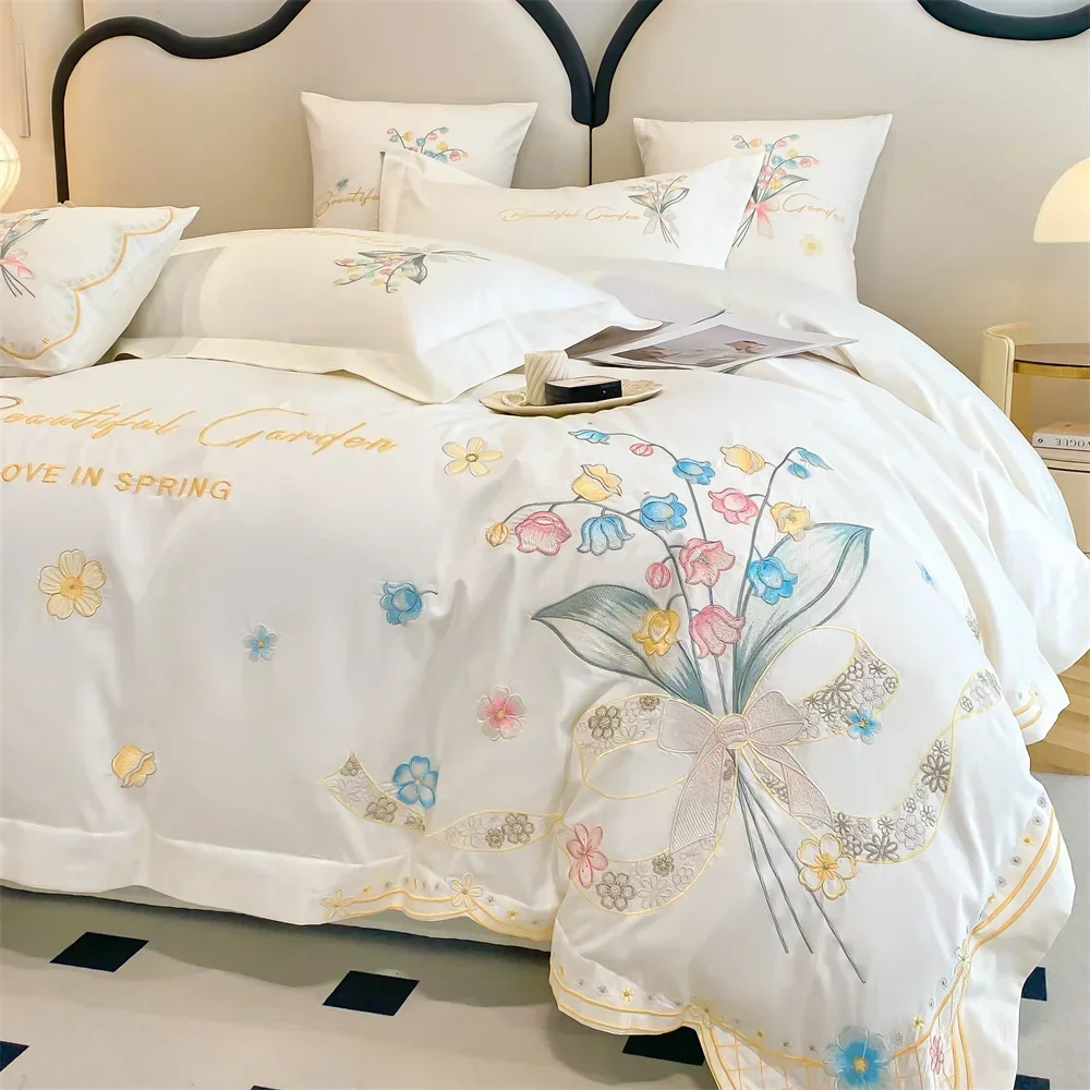 Imagem -02 - Svetanya-roupa de Cama com Bordados de Flores Algodão Egípcio Capa de Edredão Fronha Roupa de Cama King e Queen Size Pcs