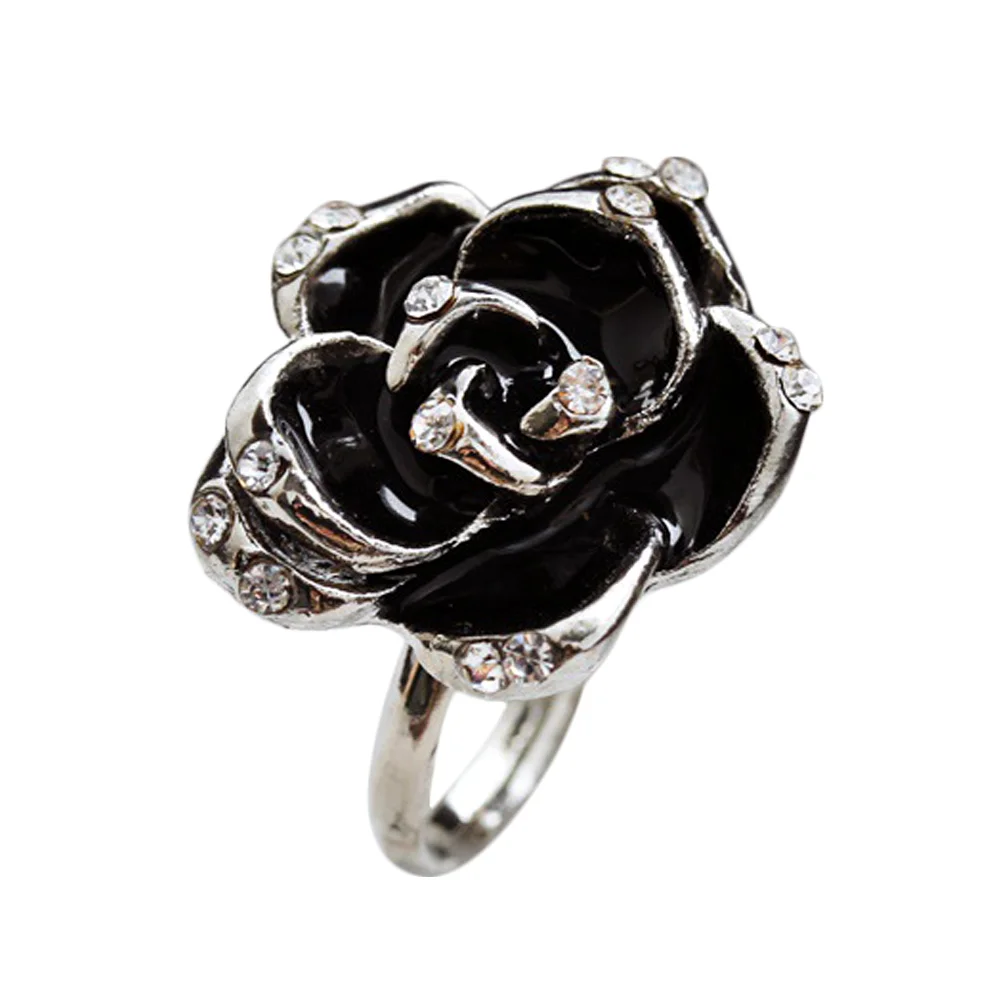  Cocktail Rings Woman Finger Rhinestone The Chic Jewelry Fashion Open Black Rose Miss