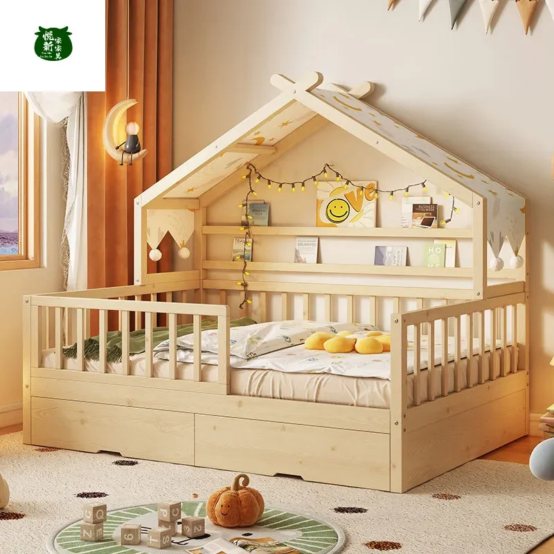 Full Solid Wood Tree House Bed with Guardrail for Kids Boys Girls Princess Single Bed Small Childrens Bedroom Furniture with