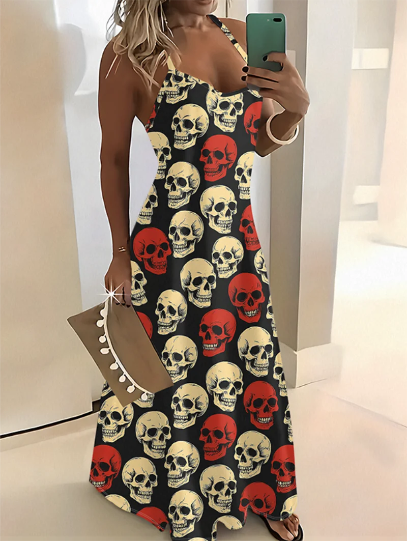 

Платье макси на тонких бретельках с принтом в виде белого и красного черепа, черное