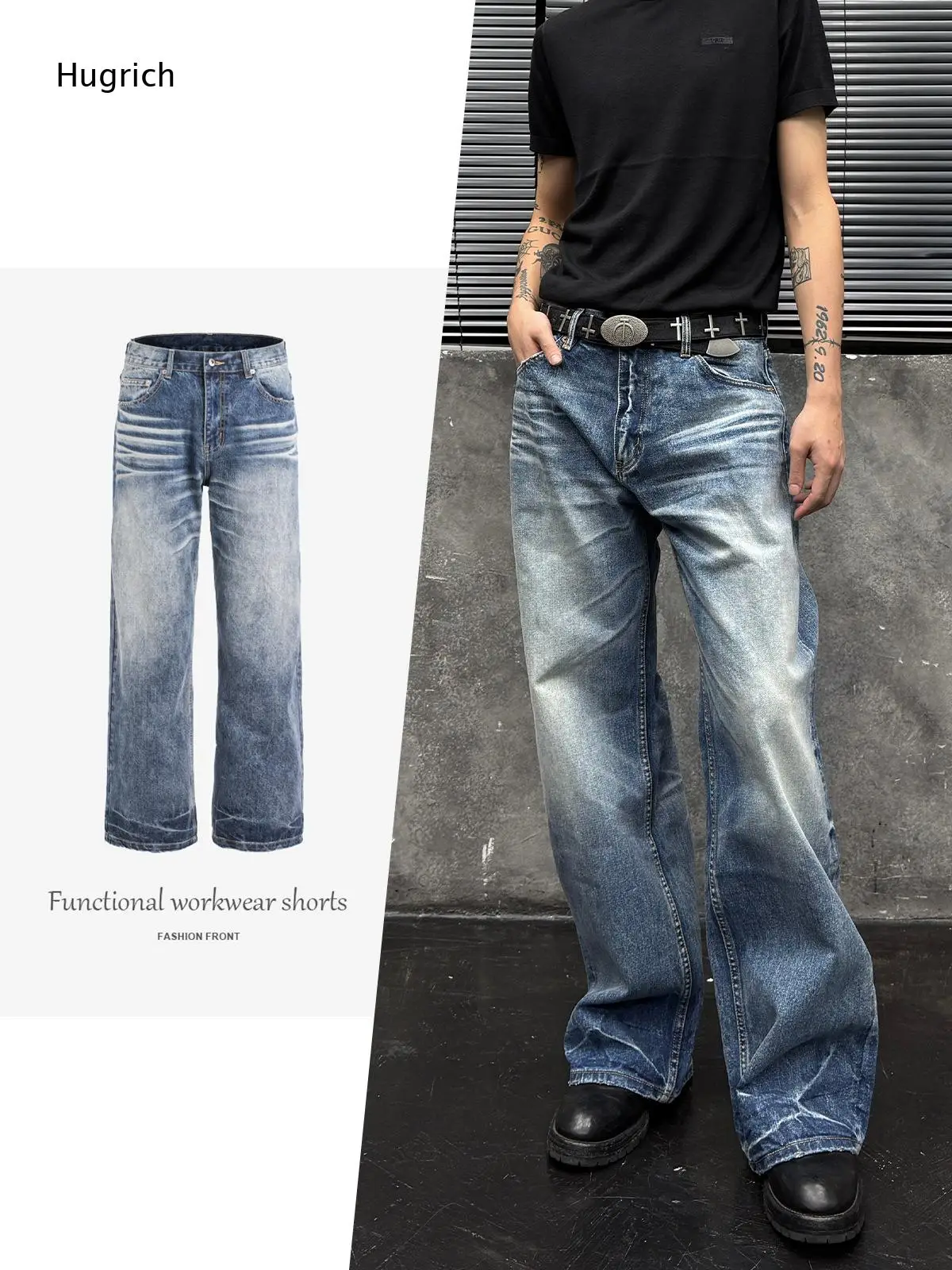

Gradient Blue Faded Distressed Wide Leg Jeans Mens Y2K Hip Hop Vintage Skate Loose Denim Pants