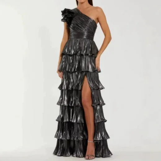 

QMANSHA Custom Metallic Black Pleated Evening Dress One Shoulder Ruffle Tiered High Slit Formal Prom Gown Plus Size for Women